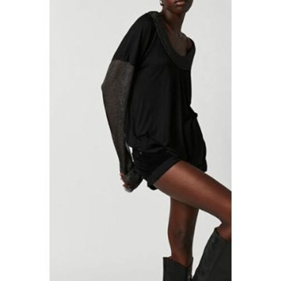 NWT Free People Bit Of Shine Oversized Long Metallic Sleeves Tee Shirt Women's S - Picture 1 of 10